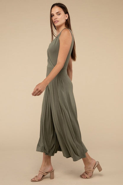 Surplice Neckline Sleeveless Midi Flared Jumpsuit ZENANA