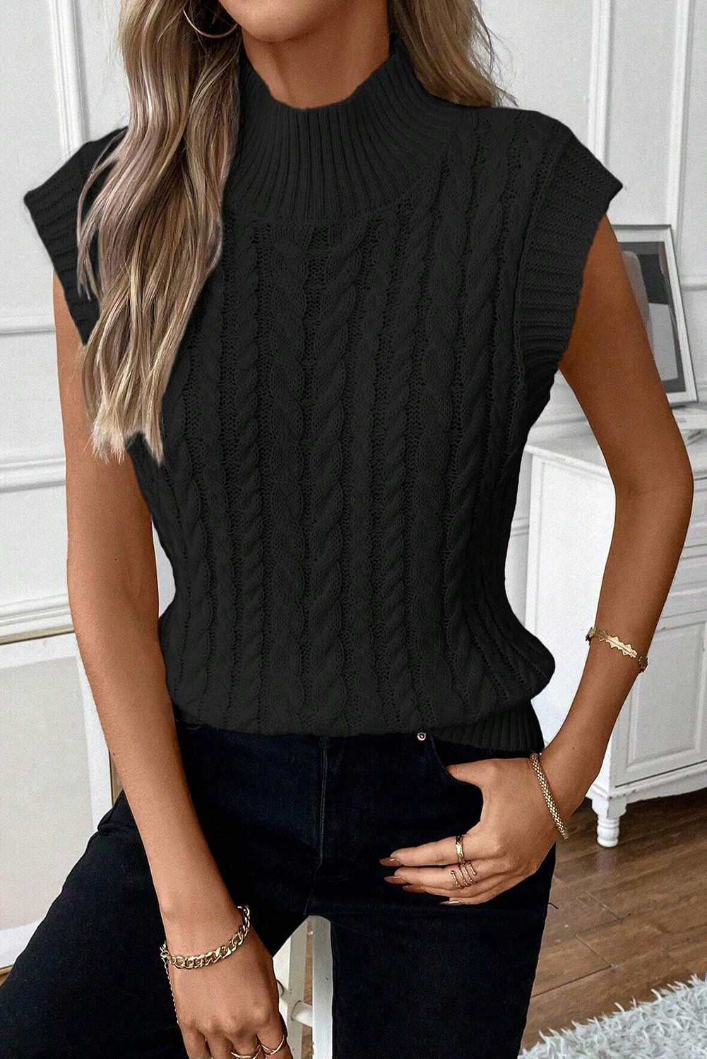 Cable-Knit Mock Neck Sleeveless Sweater Top