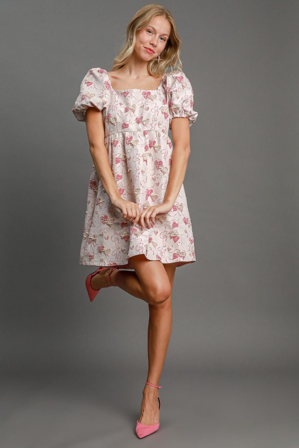 Jacquard Square Neck Puff Sleeve Mini Dress Trendsi