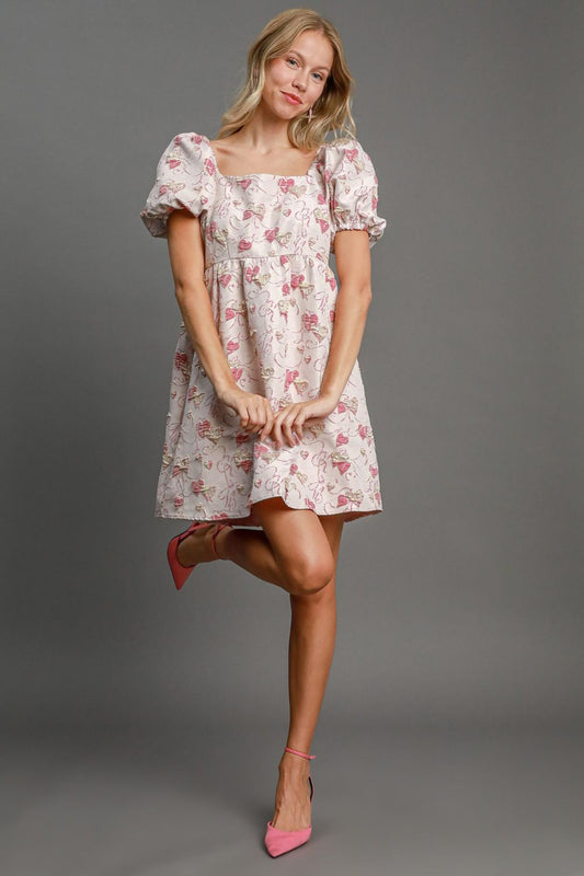 Jacquard Square Neck Puff Sleeve Mini Dress Trendsi