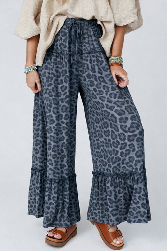 Gray Wild Leopard Print Frilled Detail Drawstring Wide Leg Pants  DAME BOHEME