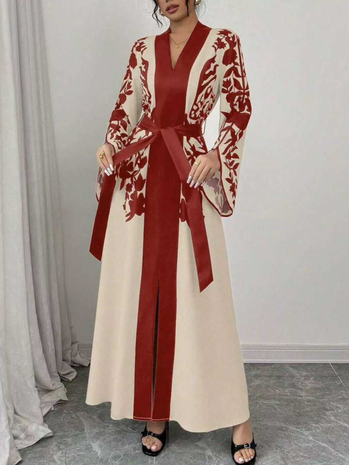 Printed Tie Waist Elegant Maxi Dress