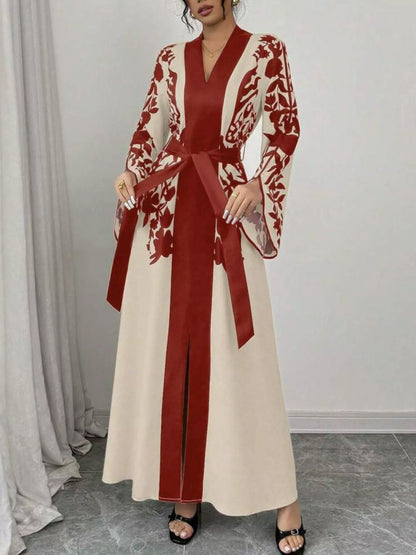 Printed Tie Waist Elegant Maxi Dress