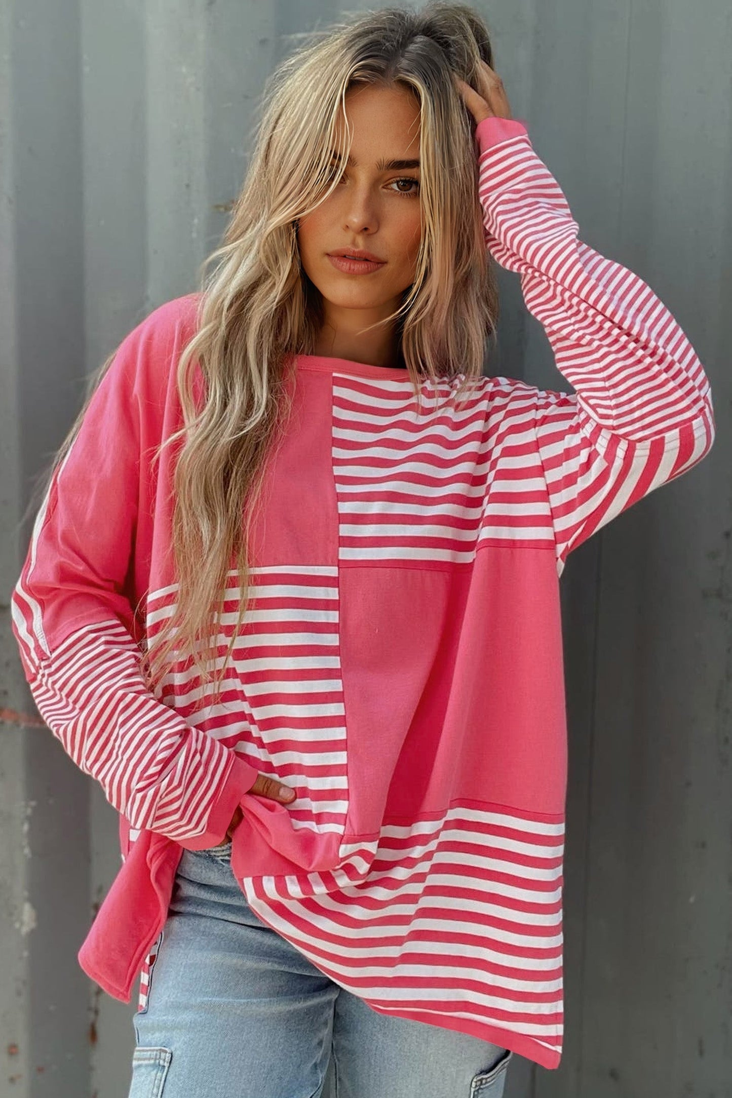 Pink Stripe Color Block Patchwork Drop Shoulder Long Sleeve Tunic Top  DAME BOHEME
