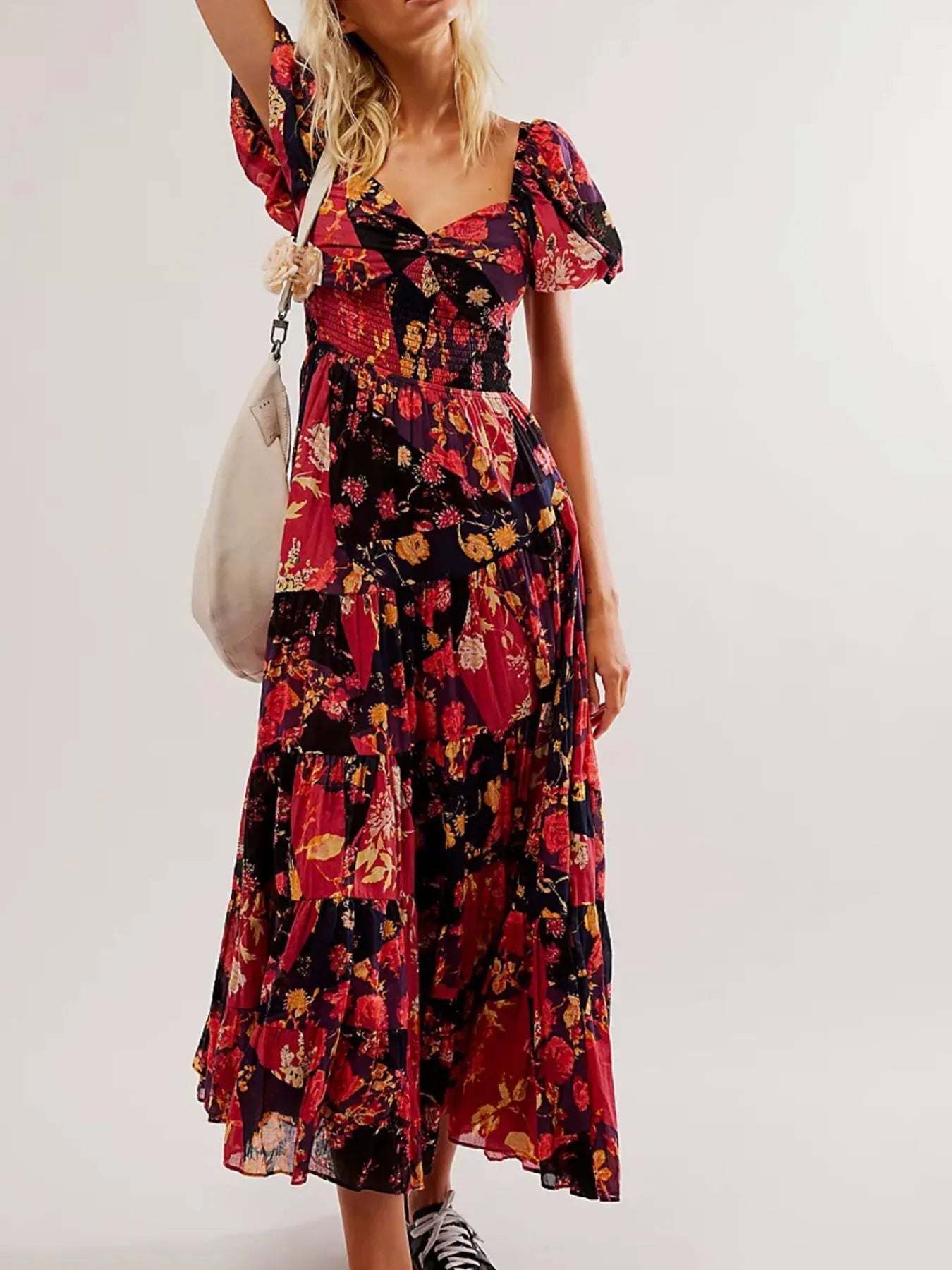 Printed Sweetheart Neck Puff Sleeve Maxi Dress Trendsi