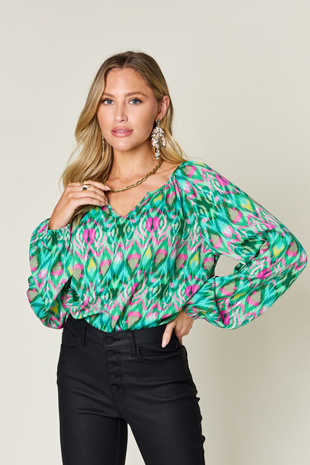 Double Take Full Size Printed Balloon Sleeve Blouse  DAME BOHEME