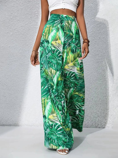Tropical Print High Waist Wide Leg Pants Trendsi