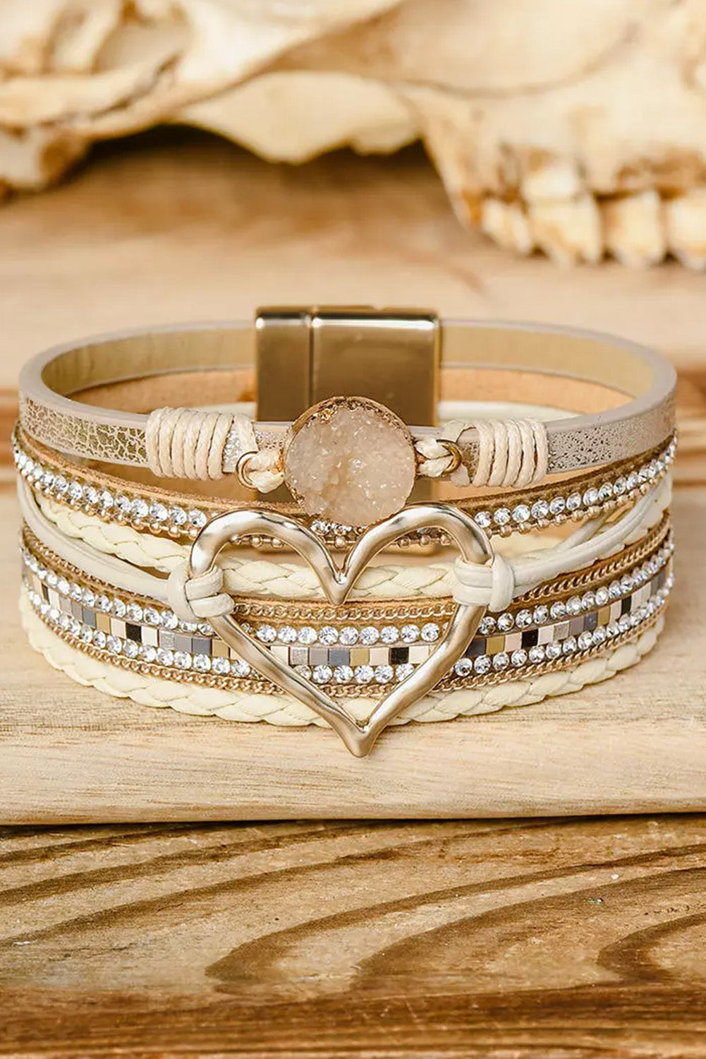 Beige Braided Heart Rhinestone Magnetic Buckle Multi Layered Bracelet  DAME BOHEME