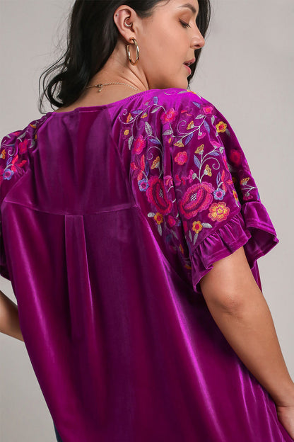 Umgee Full Size Velvet Embroidery Short Sleeve Blouse Trendsi