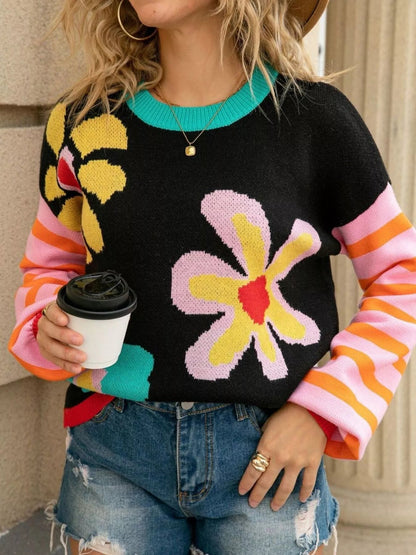 Retro Floral Striped Sleeves Crew Neck Sweater  DAME BOHEME