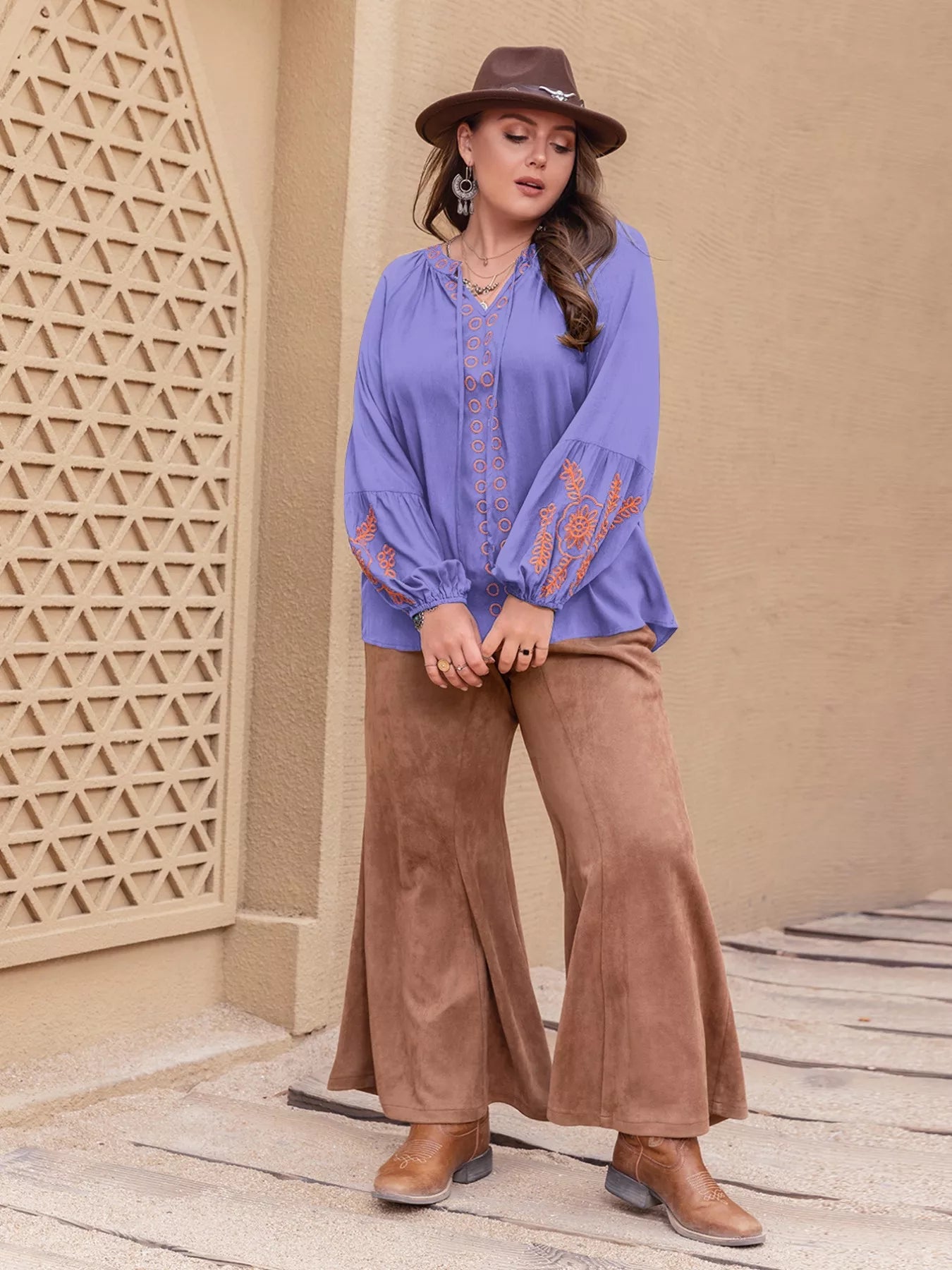 Plus Size Boho Embroidered Long Sleeve Blouse  DAME BOHEME