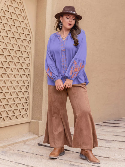 Plus Size Boho Embroidered Long Sleeve Blouse  DAME BOHEME