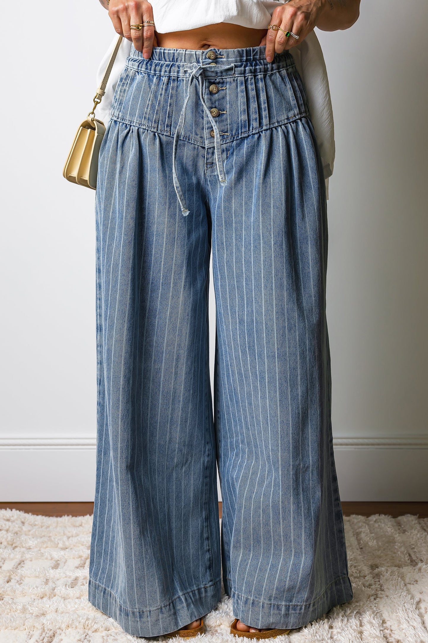 Sky Blue Stripe Button Pleated Drawstring Waist Casual Wide Leg Jeans  DAME BOHEME