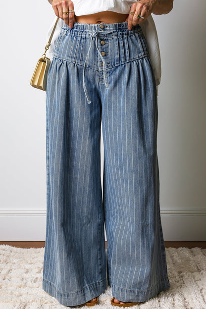 Sky Blue Stripe Button Pleated Drawstring Waist Casual Wide Leg Jeans  DAME BOHEME