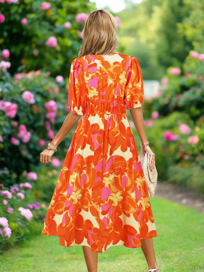 Ruched Roses Surplice Short Sleeve Dress Trendsi