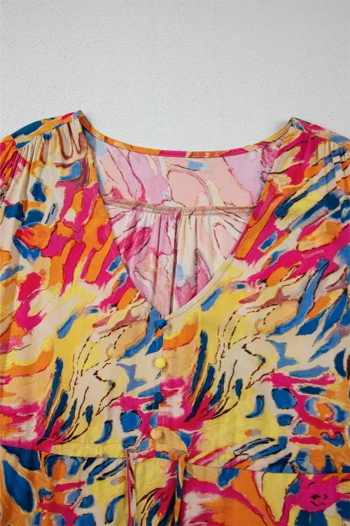 Printed Flare Sleeve Ruffled Hem Dress Trendsi
