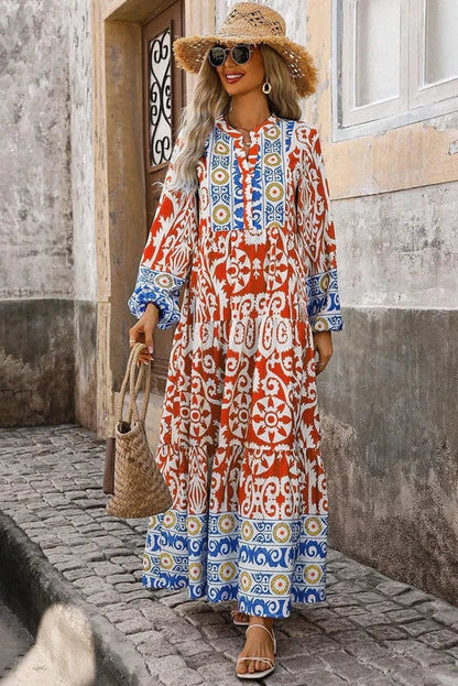 Bohemian Vintage Printed Notched Long Sleeve Maxi Dress Trendsi