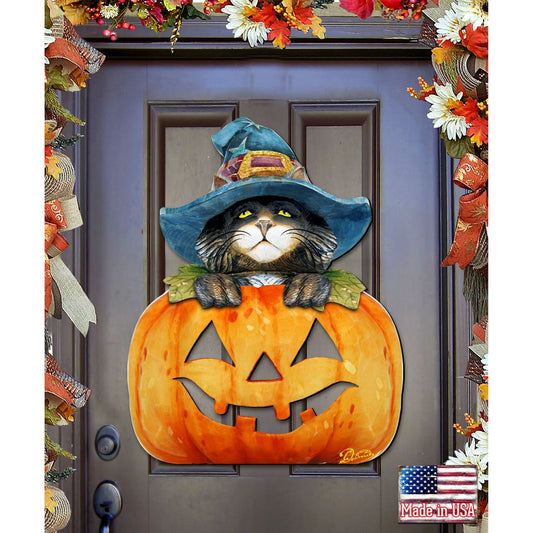 Black Cat pumpkin Halloween Door Decor by G. DeBrekht - Thanksgiving Halloween Decor - 8158416H  DAME BOHEME