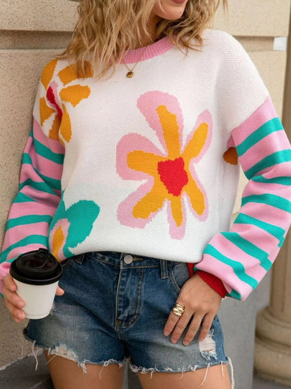 Retro Floral Striped Sleeves Crew Neck Sweater  DAME BOHEME