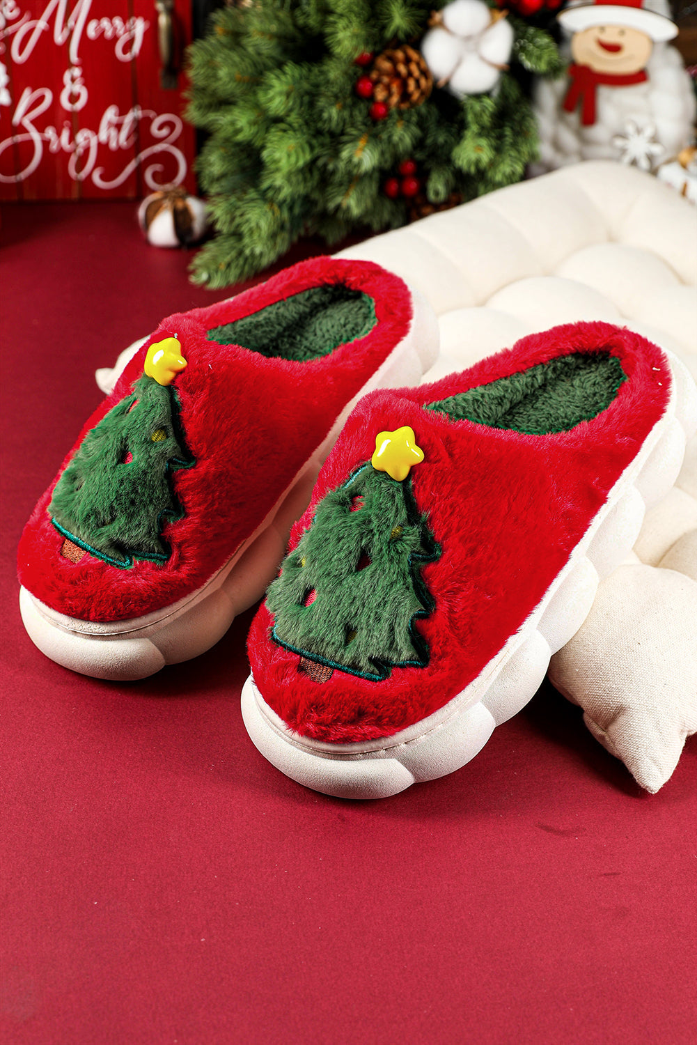 Fiery Red Christmas Tree Graphic Plush Slippers  DAME BOHEME
