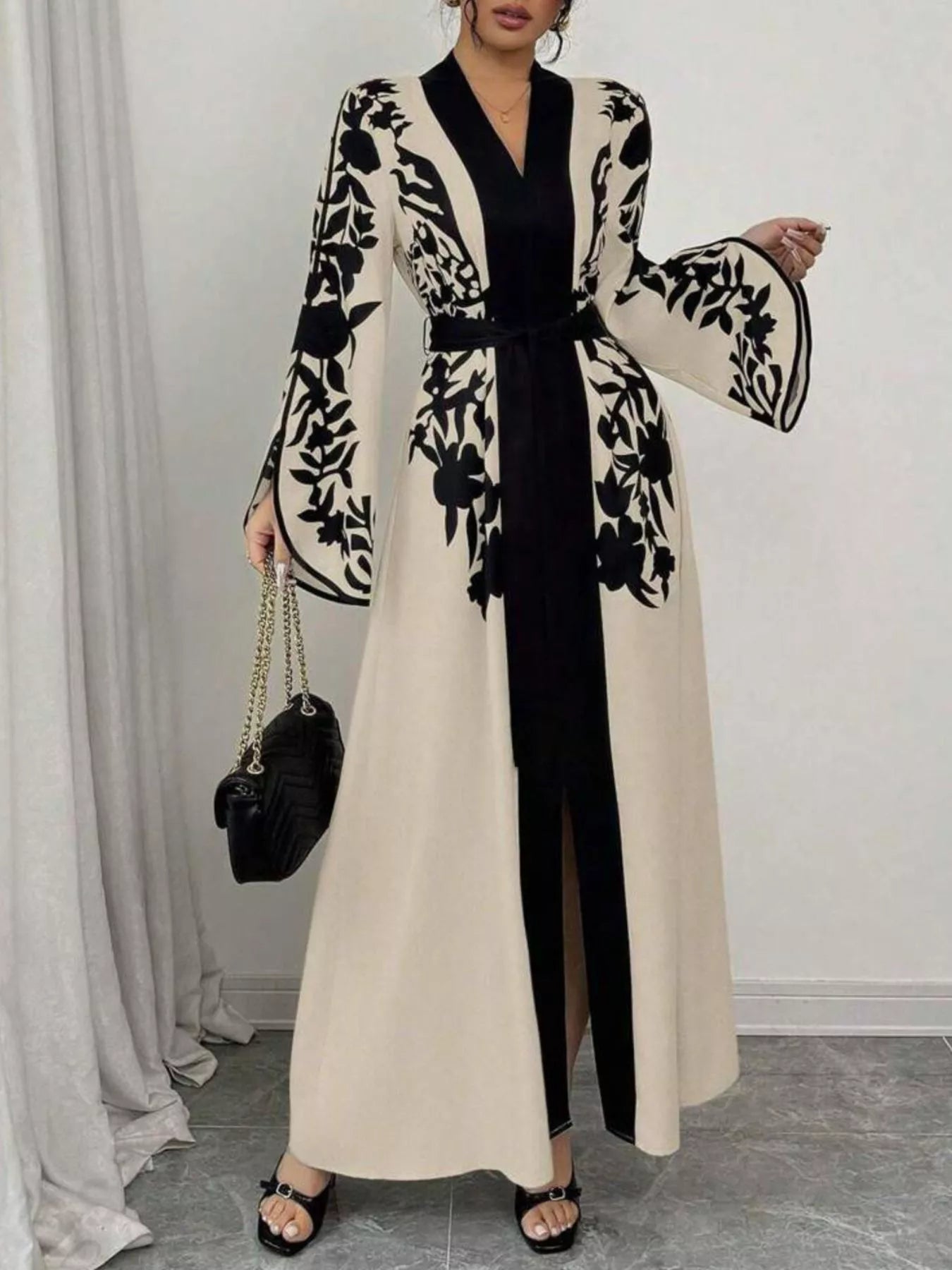 Printed Tie Waist Elegant Maxi Dress