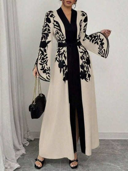 Printed Tie Waist Elegant Maxi Dress