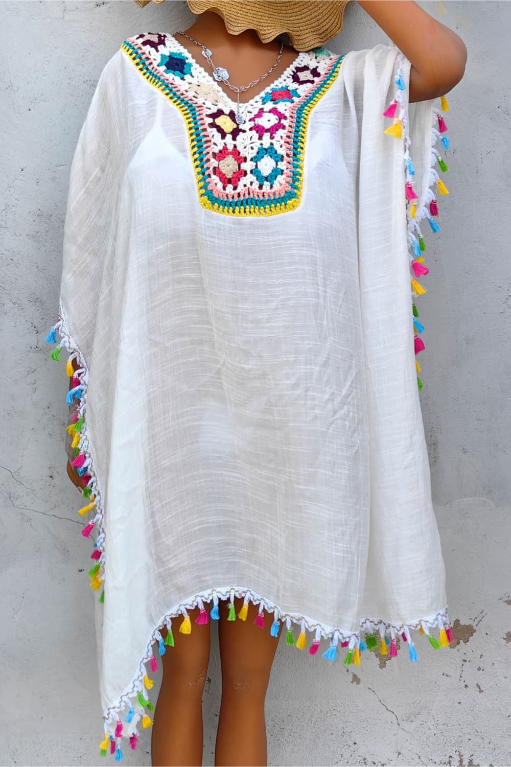 Tassel Detail Embroidery Kimono Dress Cover-up Trendsi