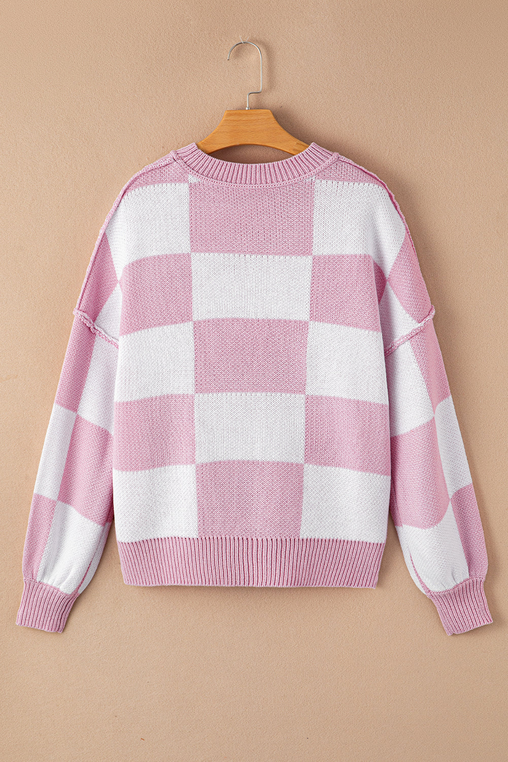Pink Checkered Bishop Sleeve Sweater  DAME BOHEME