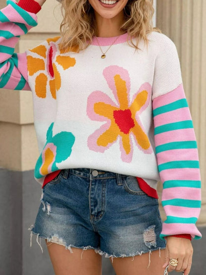 Retro Floral Striped Sleeves Crew Neck Sweater  DAME BOHEME