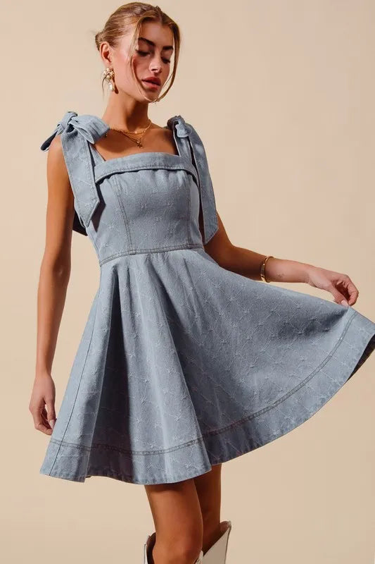 SO ME A Line Fit and Flare Diamond Bow Denim Dress Trendsi