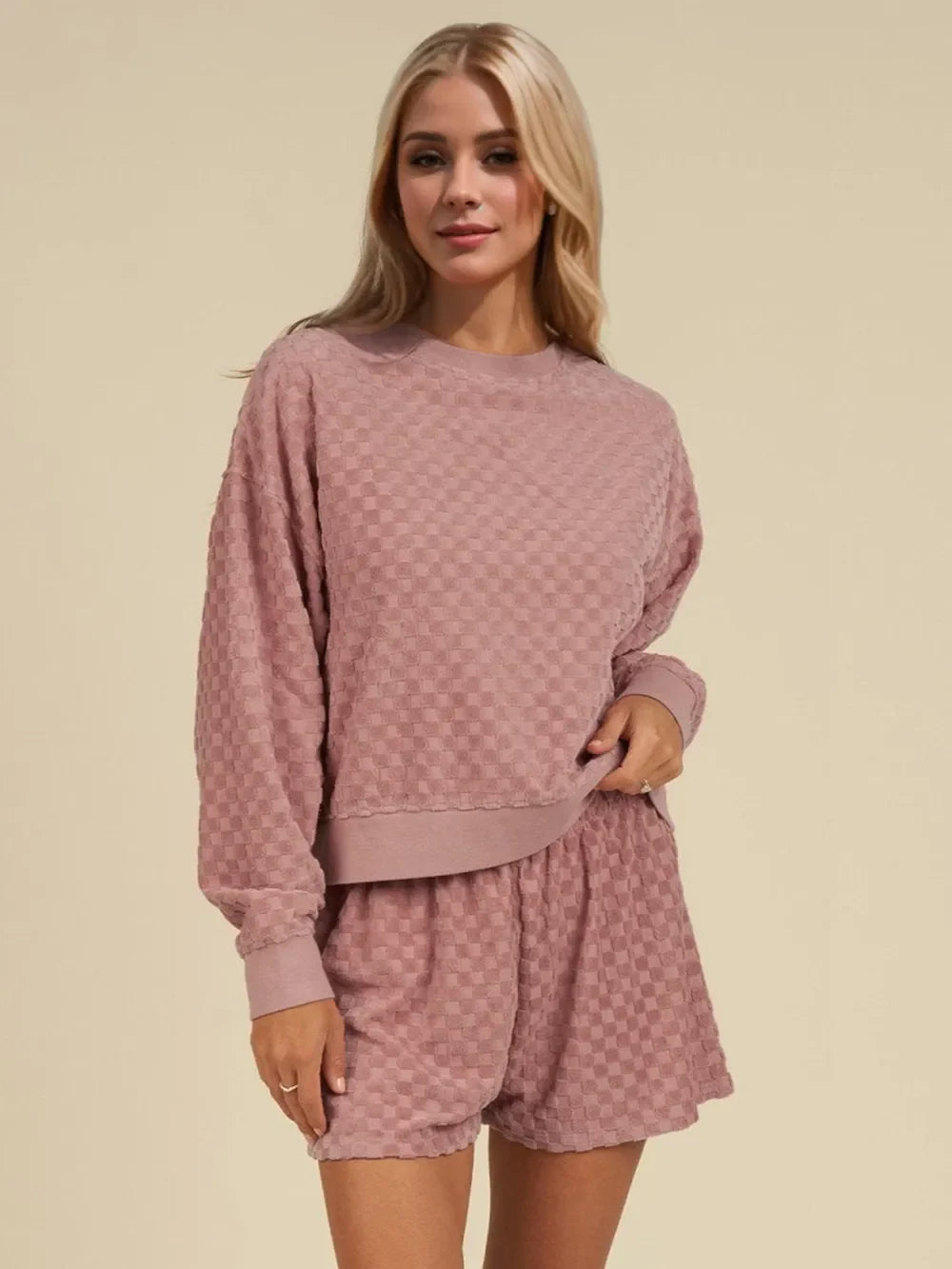 Oh Checkered Round Neck Long Sleeve Top and Shorts Set  DAME BOHEME