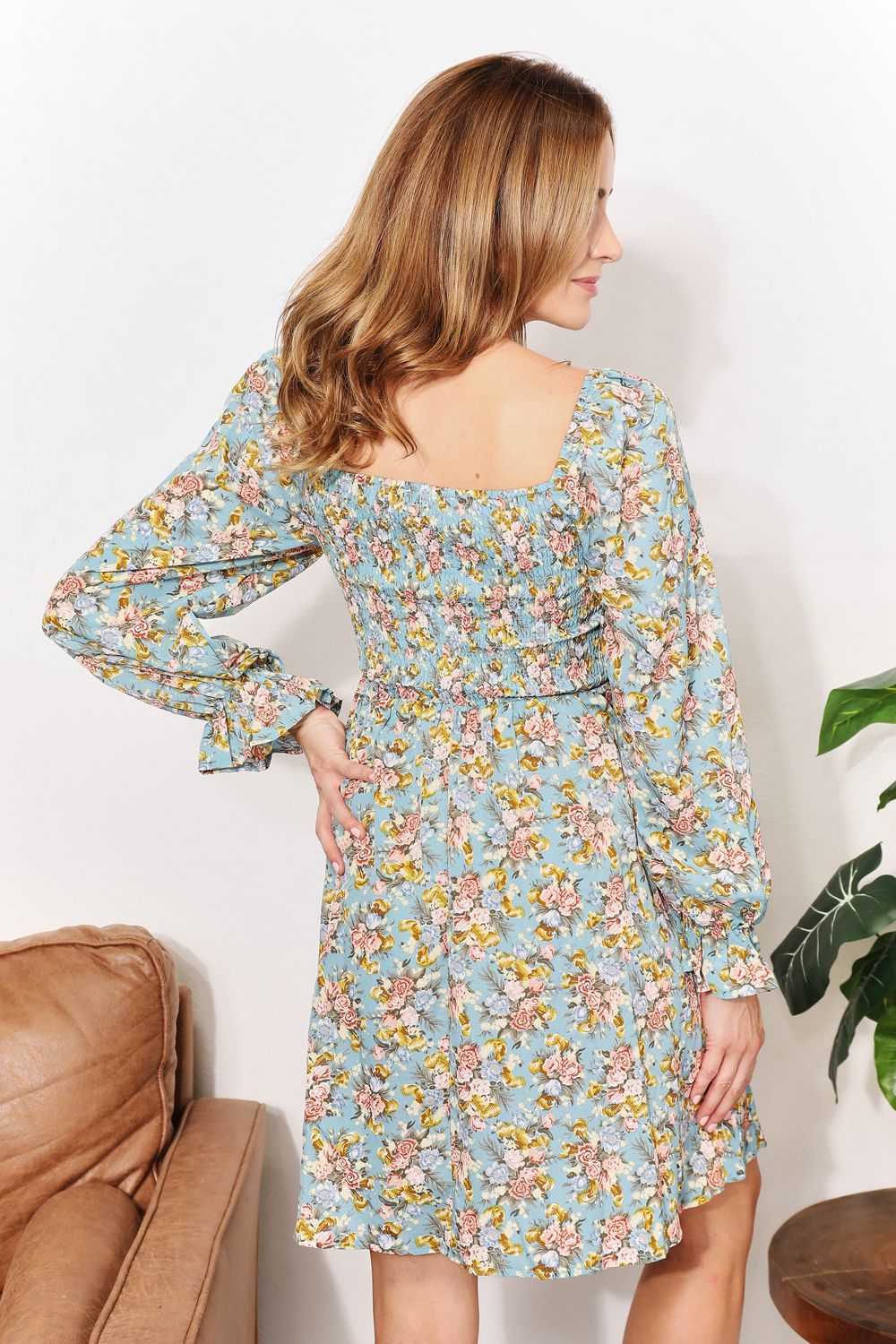 Honey Floral Smocked Flounce Sleeve Square Neck Mini Dress Trendsi