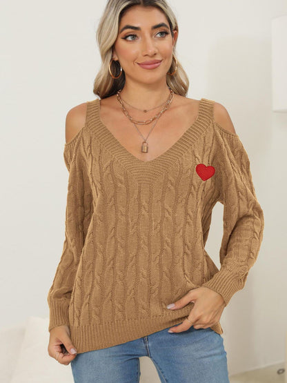 Cable-Knit Heart V-Neck Sweater  DAME BOHEME