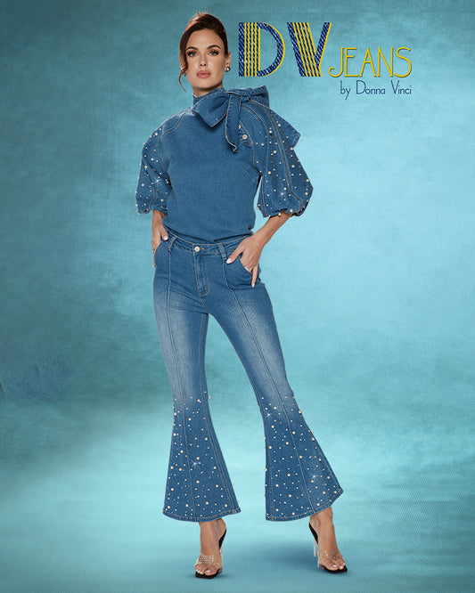 Bow Detail Puff Sleeves Top & Pant Denim Set with Pearls and Rhinestones Embellishments