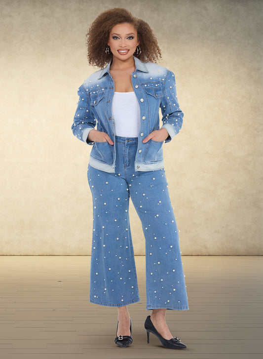 Light Blue Ombre Denim Jacket and Pant Set with Rhinestones and Pearls Embellishments