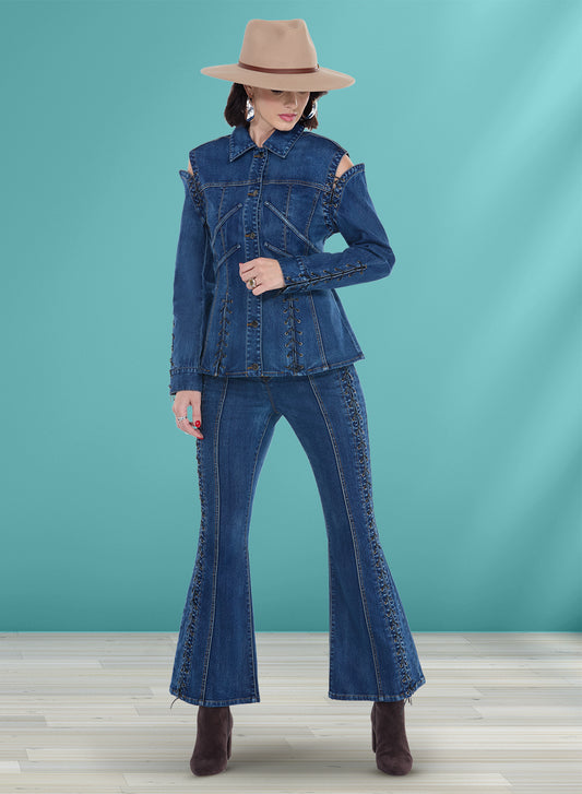 Dark Blue Jacket and Pant Denim Set with Faux Leather Lacing Details