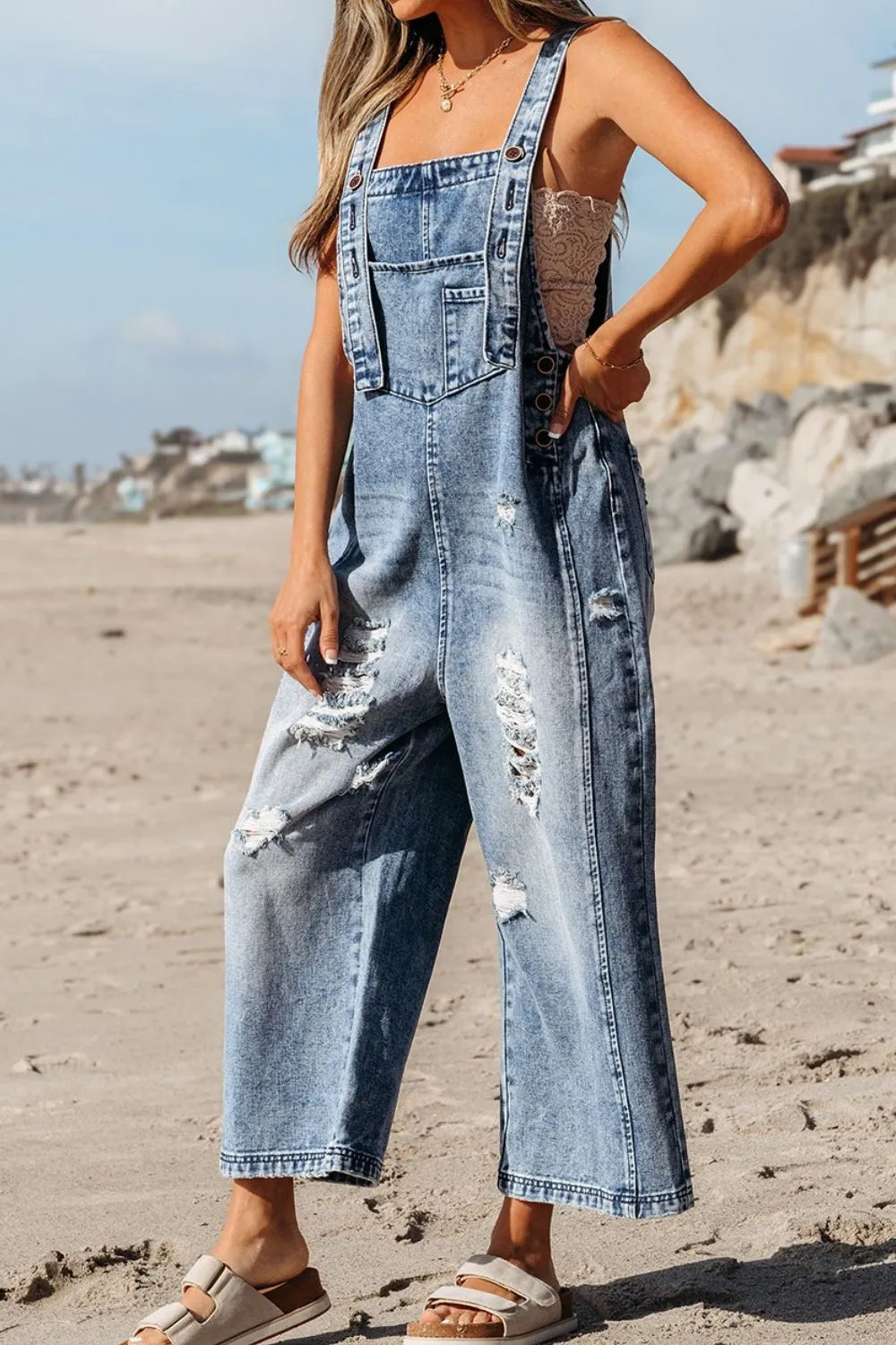 Distressed Bib Pocket Wide Leg Denim Overalls  DAME BOHEME