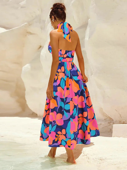 Ruched Printed Halter Neck Midi Dress Trendsi