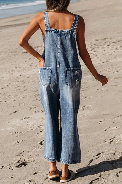 Distressed Bib Pocket Wide Leg Denim Overalls  DAME BOHEME