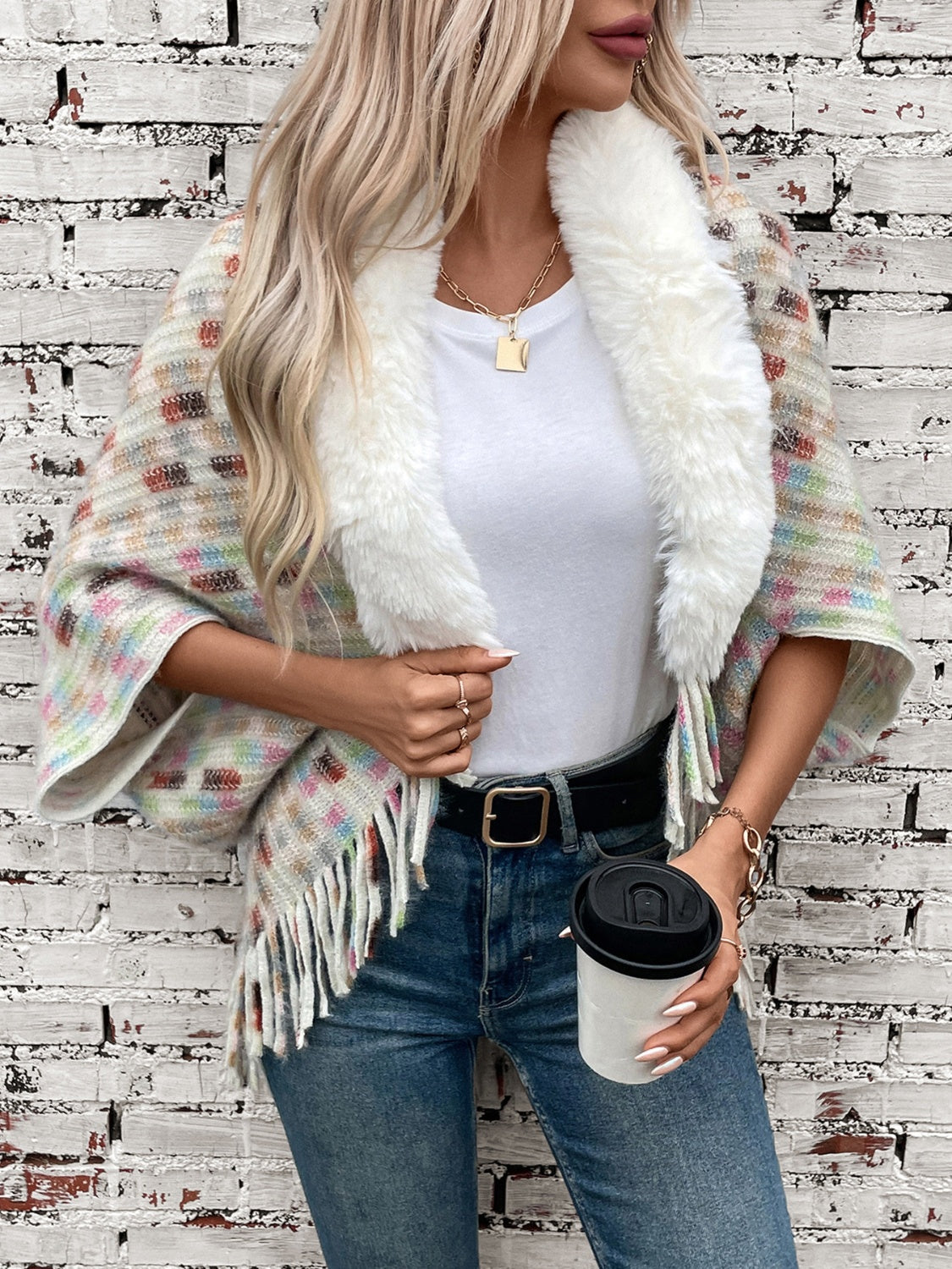 Fringe Trim Fuzzy Collar Open Front Poncho