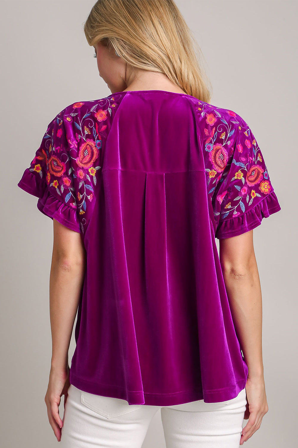 Umgee Full Size Velvet Embroidery Short Sleeve Blouse Trendsi