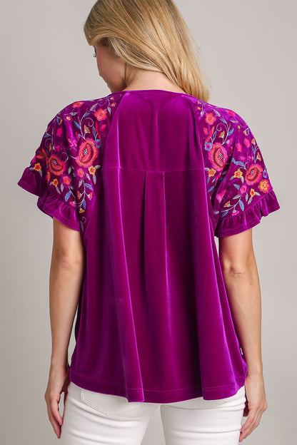 Umgee Full Size Velvet Embroidery Short Sleeve Blouse Trendsi
