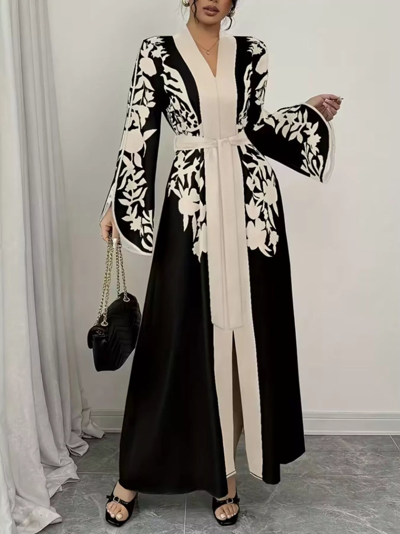 Printed Tie Waist Elegant Maxi Dress