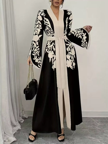 Printed Tie Waist Elegant Maxi Dress