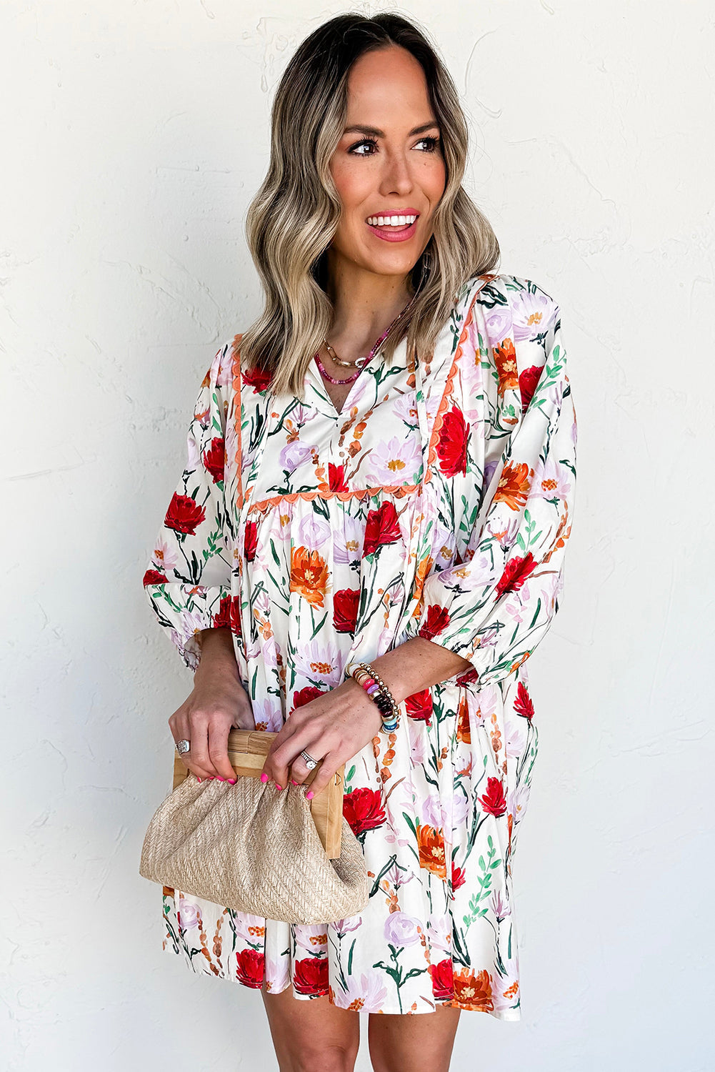 Beige Floral Print 3/4 Puff Sleeve Ricrac Trim Mini Dress  DAME BOHEME