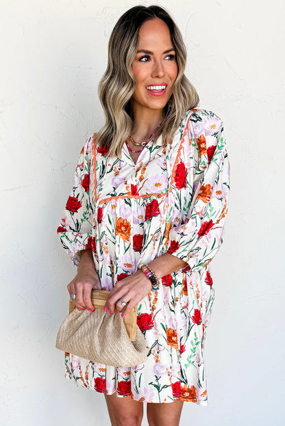 Beige Floral Print 3/4 Puff Sleeve Ricrac Trim Mini Dress  DAME BOHEME