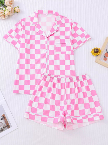 Checkered Print Button Up Top and Shorts Lounge Set  DAME BOHEME