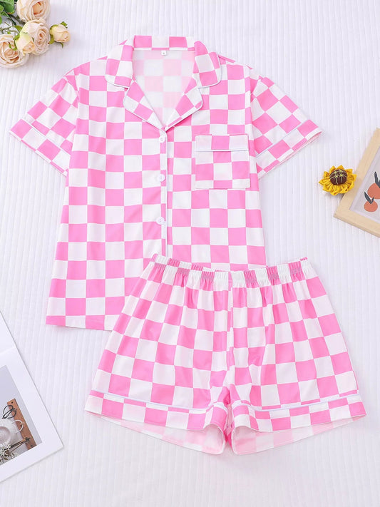 Checkered Print Button Up Top and Shorts Lounge Set  DAME BOHEME