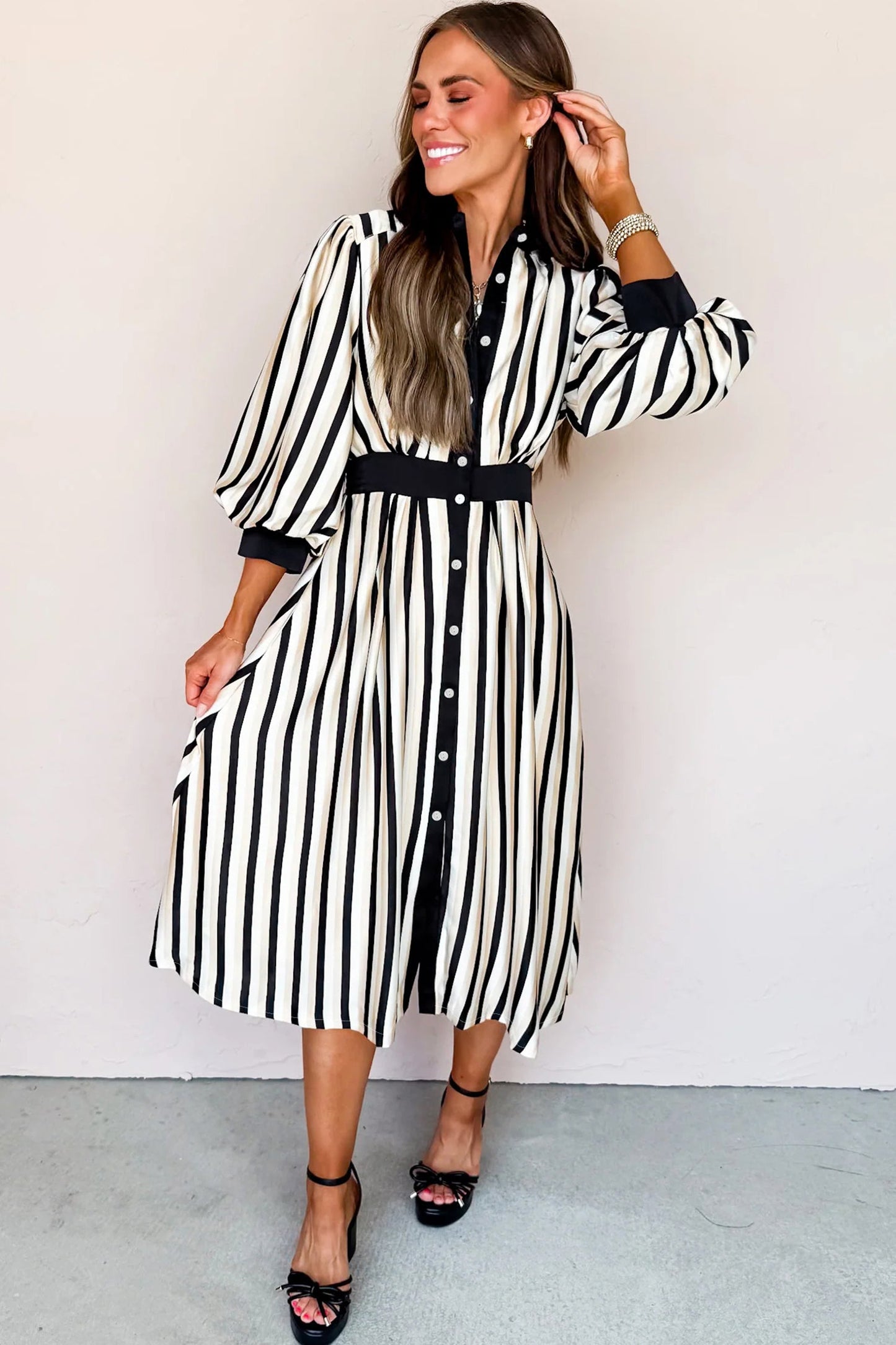 Black Stripe 3/4 Puff Sleeve Shirt Style Button Down Midi Dress  DAME BOHEME