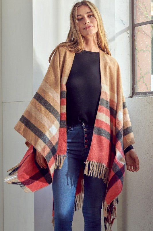 Fringed Plaid Pattern Shawl Poncho Cape